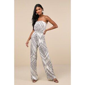 Western Direction Ivory Scarf Print Satin Strapless Jumpsuit